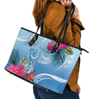 Hafa Adai Guam Leather Tote Bag Tropical Flowers Blue Gradient