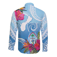 Hafa Adai Guam Long Sleeve Button Shirt Tropical Flowers Blue Gradient