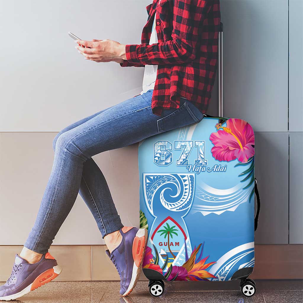 Hafa Adai Guam Luggage Cover Tropical Flowers Blue Gradient