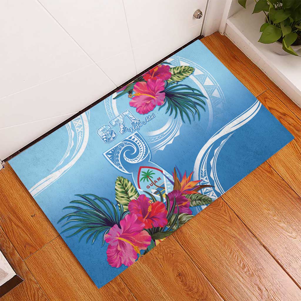 Hafa Adai Guam Rubber Doormat Tropical Flowers Blue Gradient