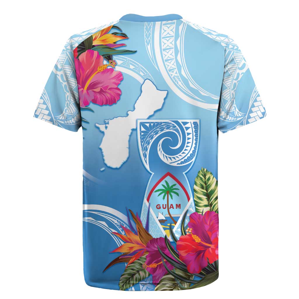 Hafa Adai Guam Rugby Jersey Tropical Flowers Blue Gradient