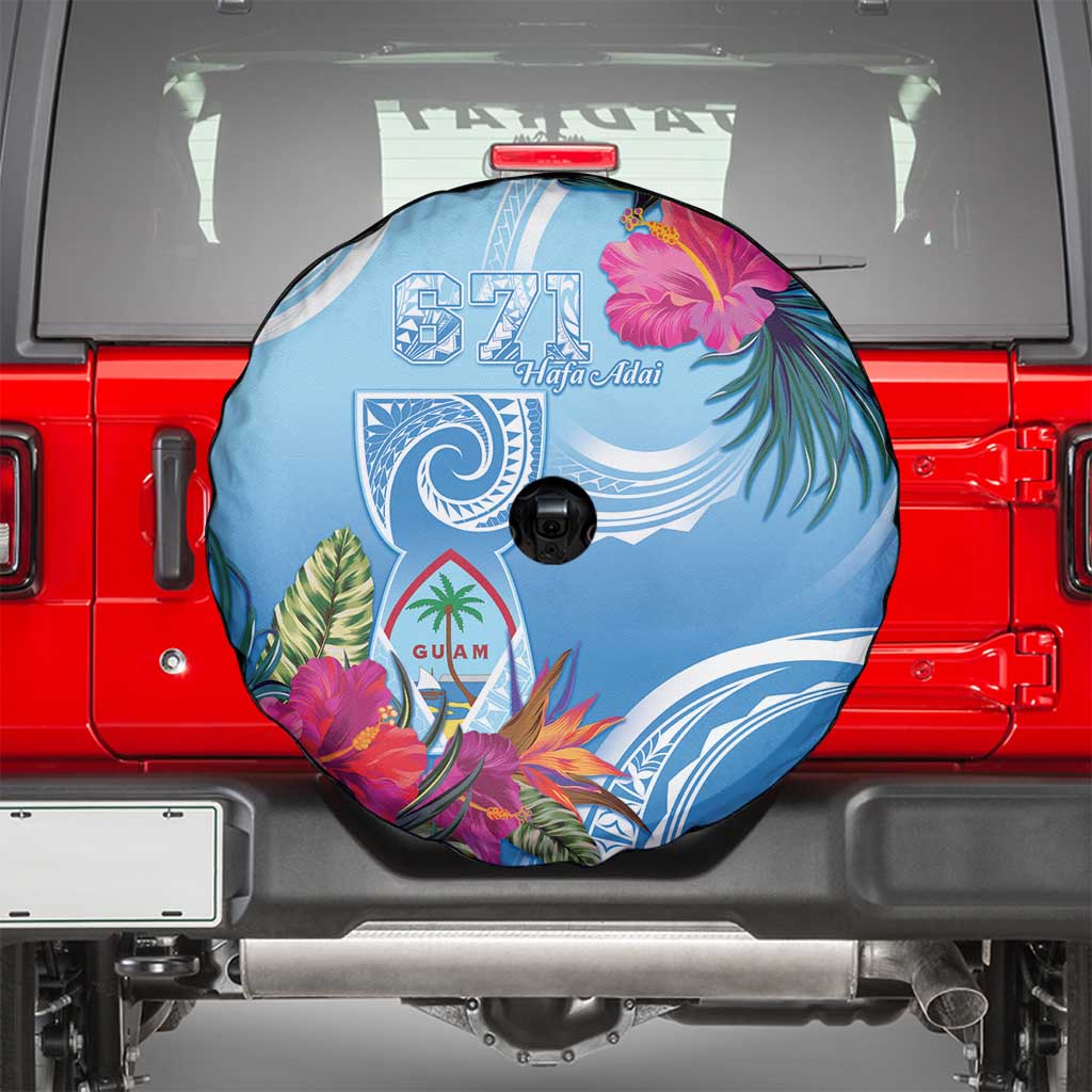 Hafa Adai Guam Spare Tire Cover Tropical Flowers Blue Gradient