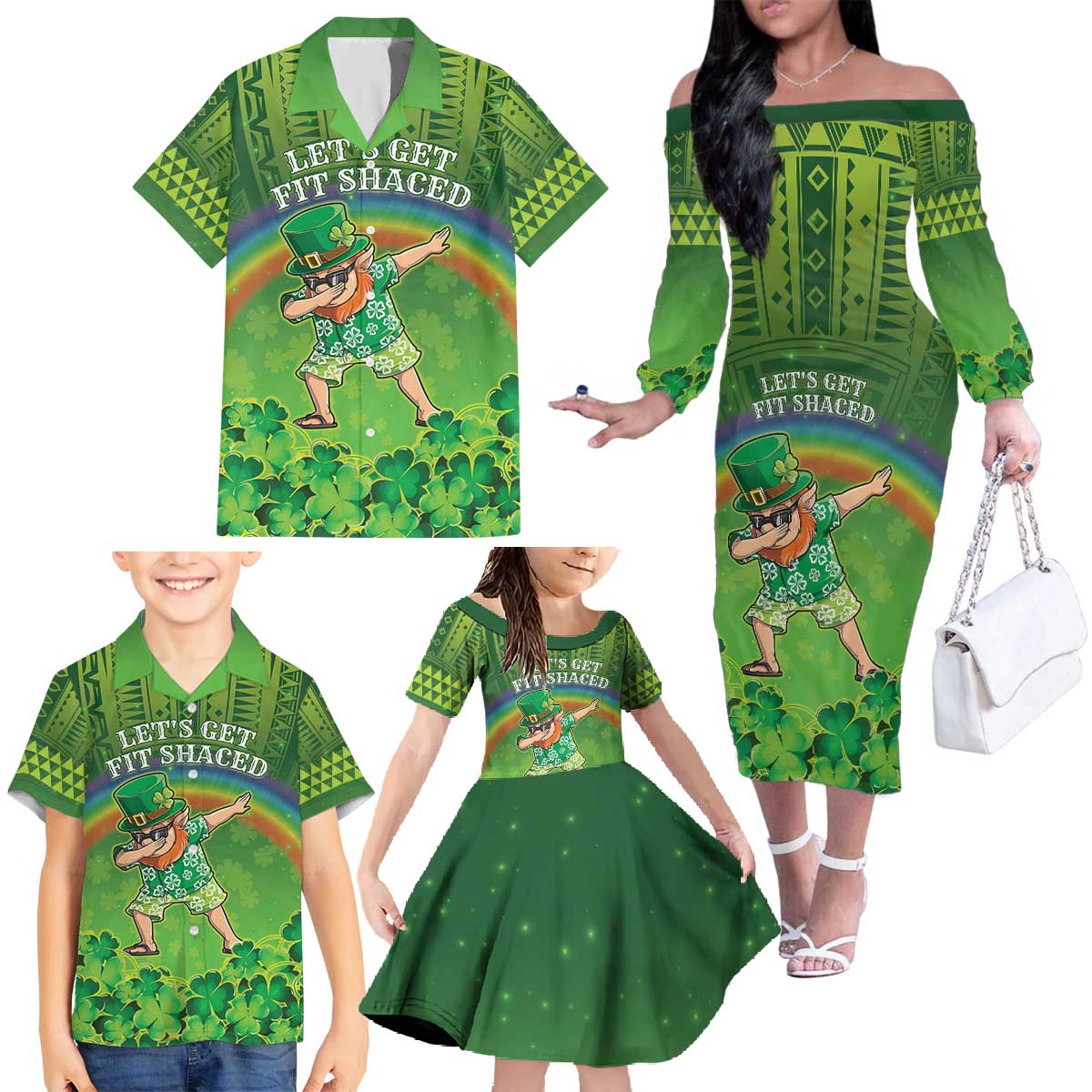 Personalised Hawaii Saint Patrick's Day Family Matching Off The Shoulder Long Sleeve Dress and Hawaiian Shirt Let's Get Fit Shaced LT05 - Polynesian Pride