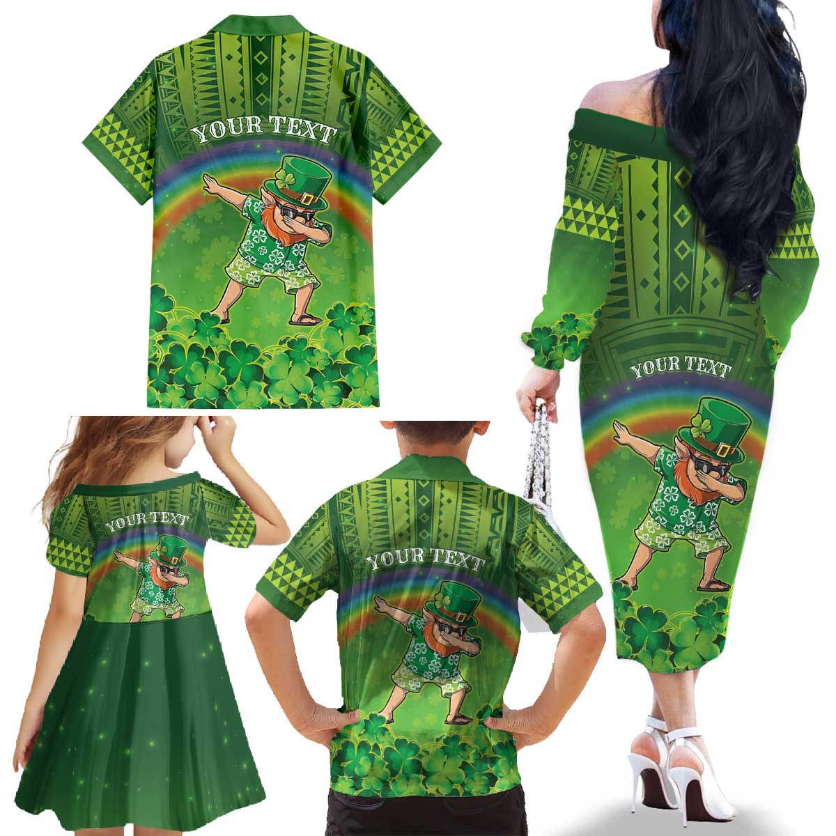 Personalised Hawaii Saint Patrick's Day Family Matching Off The Shoulder Long Sleeve Dress and Hawaiian Shirt Let's Get Fit Shaced LT05 - Polynesian Pride