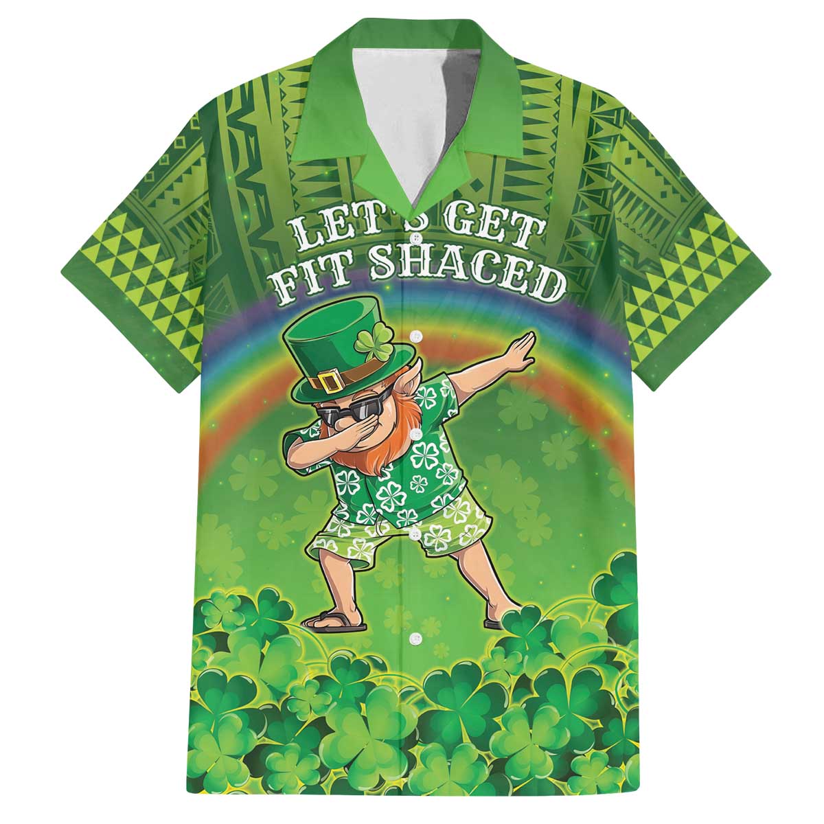 Personalised Hawaii Saint Patrick's Day Family Matching Off The Shoulder Long Sleeve Dress and Hawaiian Shirt Let's Get Fit Shaced LT05 Dad's Shirt - Short Sleeve Green - Polynesian Pride