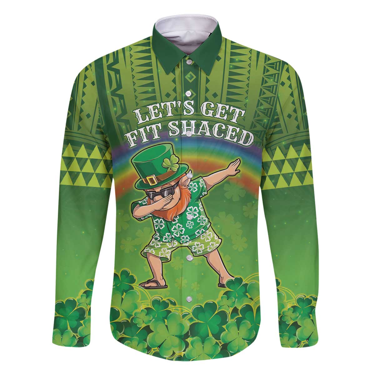 Personalised Hawaii Saint Patrick's Day Family Matching Off The Shoulder Long Sleeve Dress and Hawaiian Shirt Let's Get Fit Shaced LT05 Dad's Shirt - Long Sleeve Green - Polynesian Pride