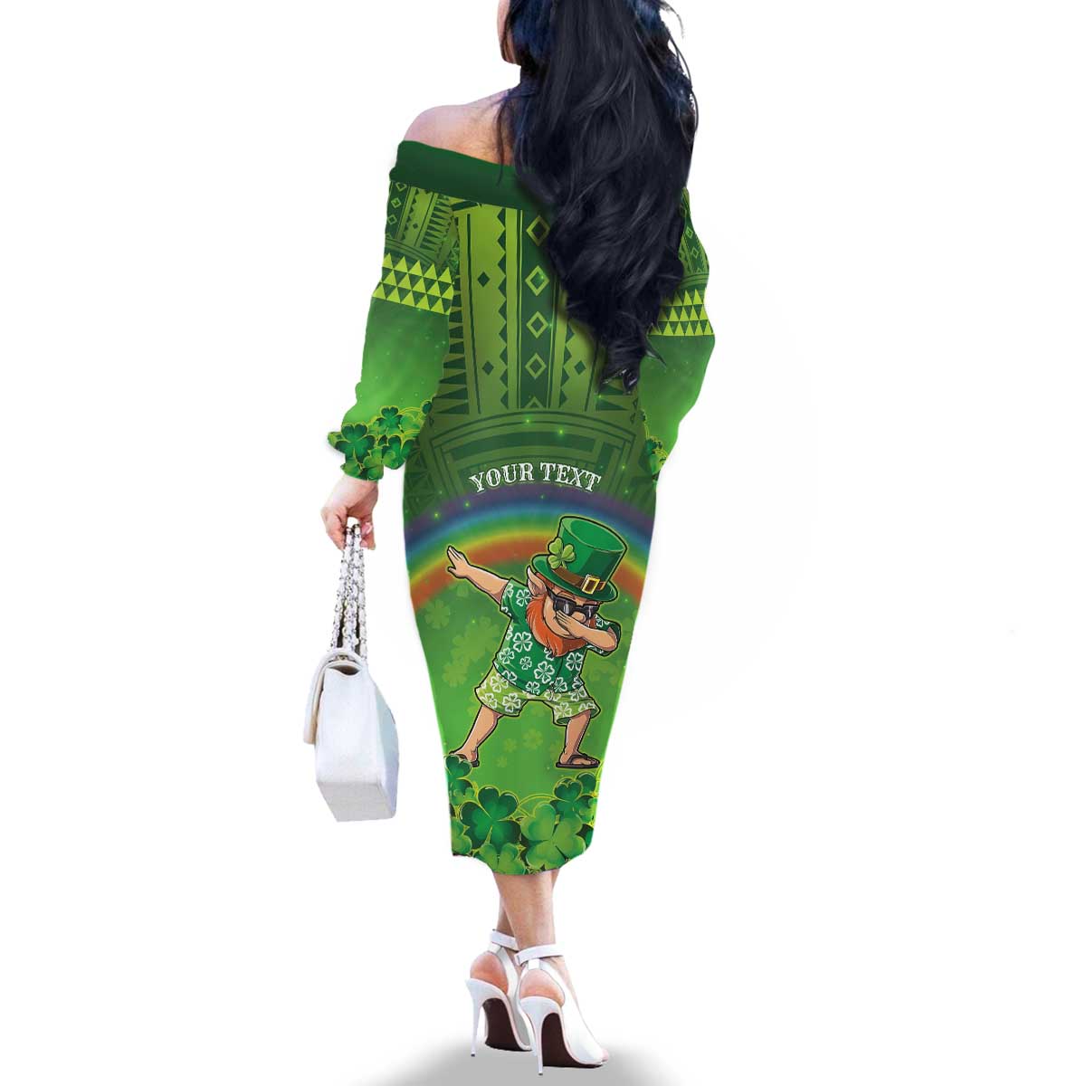 Personalised Hawaii Saint Patrick's Day Family Matching Off The Shoulder Long Sleeve Dress and Hawaiian Shirt Let's Get Fit Shaced LT05 - Polynesian Pride