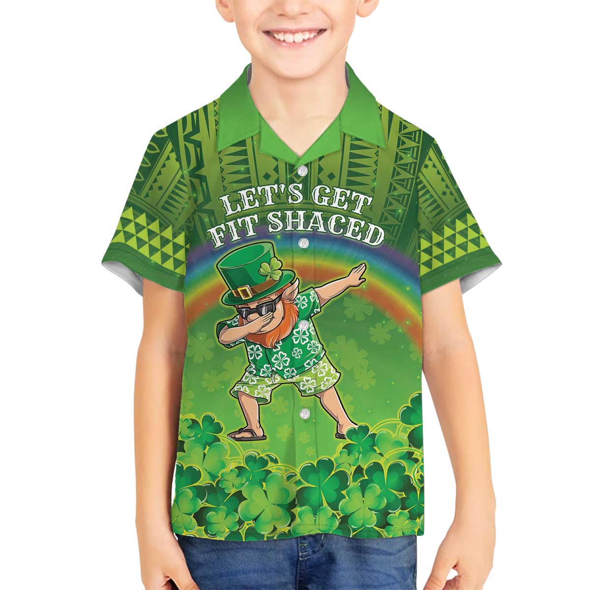 Personalised Hawaii Saint Patrick's Day Family Matching Off The Shoulder Long Sleeve Dress and Hawaiian Shirt Let's Get Fit Shaced LT05 Son's Shirt Green - Polynesian Pride