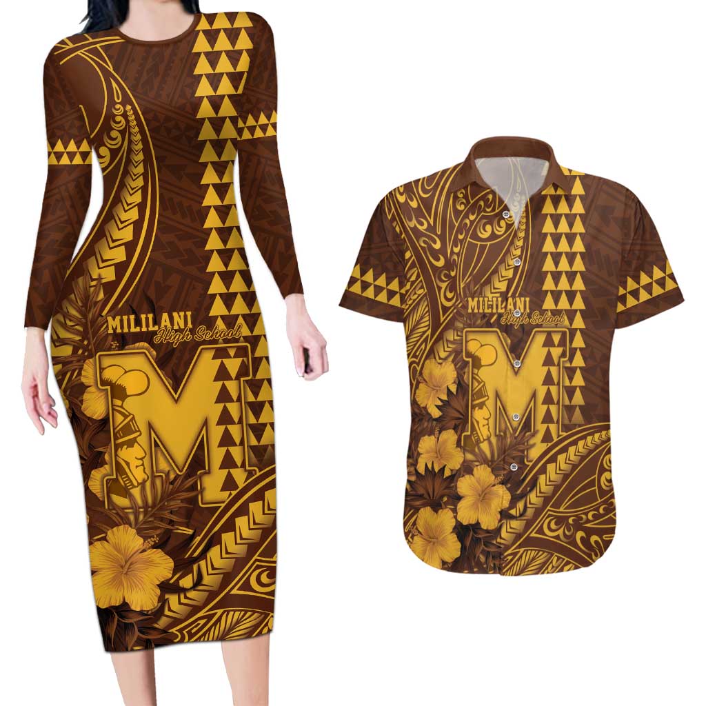 Personalised Hawaii Mililani High School Couples Matching Long Sleeve Bodycon Dress and Hawaiian Shirt Tribal Tattoo With Hibiscus Flowers LT05 Brown - Polynesian Pride