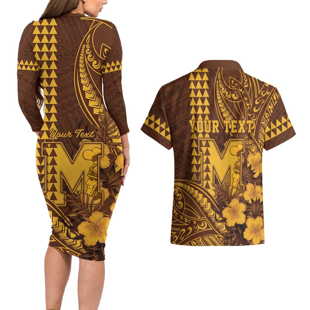 Personalised Hawaii Mililani High School Couples Matching Long Sleeve Bodycon Dress and Hawaiian Shirt Tribal Tattoo With Hibiscus Flowers LT05 - Polynesian Pride