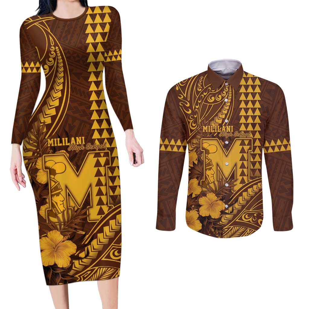 Personalised Hawaii Mililani High School Couples Matching Long Sleeve Bodycon Dress and Long Sleeve Button Shirt Tribal Tattoo With Hibiscus Flowers LT05 Brown - Polynesian Pride