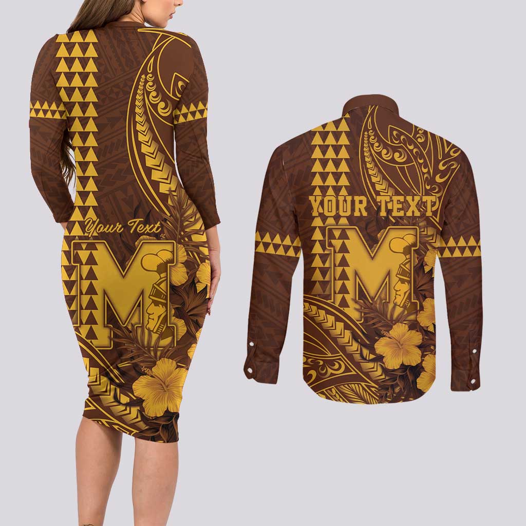Personalised Hawaii Mililani High School Couples Matching Long Sleeve Bodycon Dress and Long Sleeve Button Shirt Tribal Tattoo With Hibiscus Flowers LT05 - Polynesian Pride