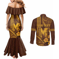Personalised Hawaii Mililani High School Couples Matching Mermaid Dress and Long Sleeve Button Shirt Tribal Tattoo With Hibiscus Flowers LT05 - Polynesian Pride