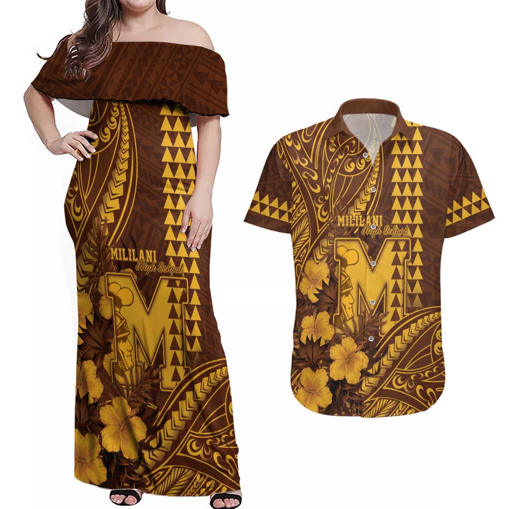Personalised Hawaii Mililani High School Couples Matching Off Shoulder Maxi Dress and Hawaiian Shirt Tribal Tattoo With Hibiscus Flowers LT05 Brown - Polynesian Pride