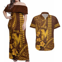 Personalised Hawaii Mililani High School Couples Matching Off Shoulder Maxi Dress and Hawaiian Shirt Tribal Tattoo With Hibiscus Flowers LT05 Brown - Polynesian Pride