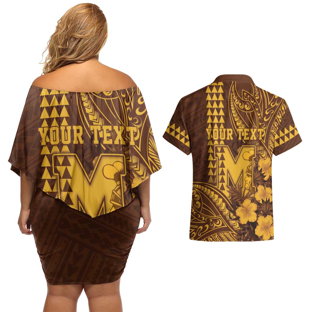 Personalised Hawaii Mililani High School Couples Matching Off Shoulder Short Dress and Hawaiian Shirt Tribal Tattoo With Hibiscus Flowers LT05 - Polynesian Pride