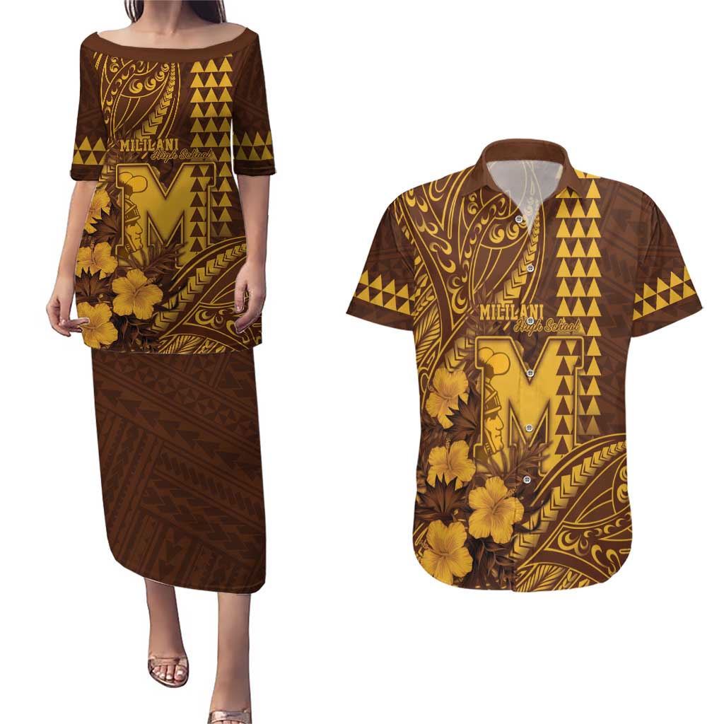 Personalised Hawaii Mililani High School Couples Matching Puletasi and Hawaiian Shirt Tribal Tattoo With Hibiscus Flowers LT05 Brown - Polynesian Pride