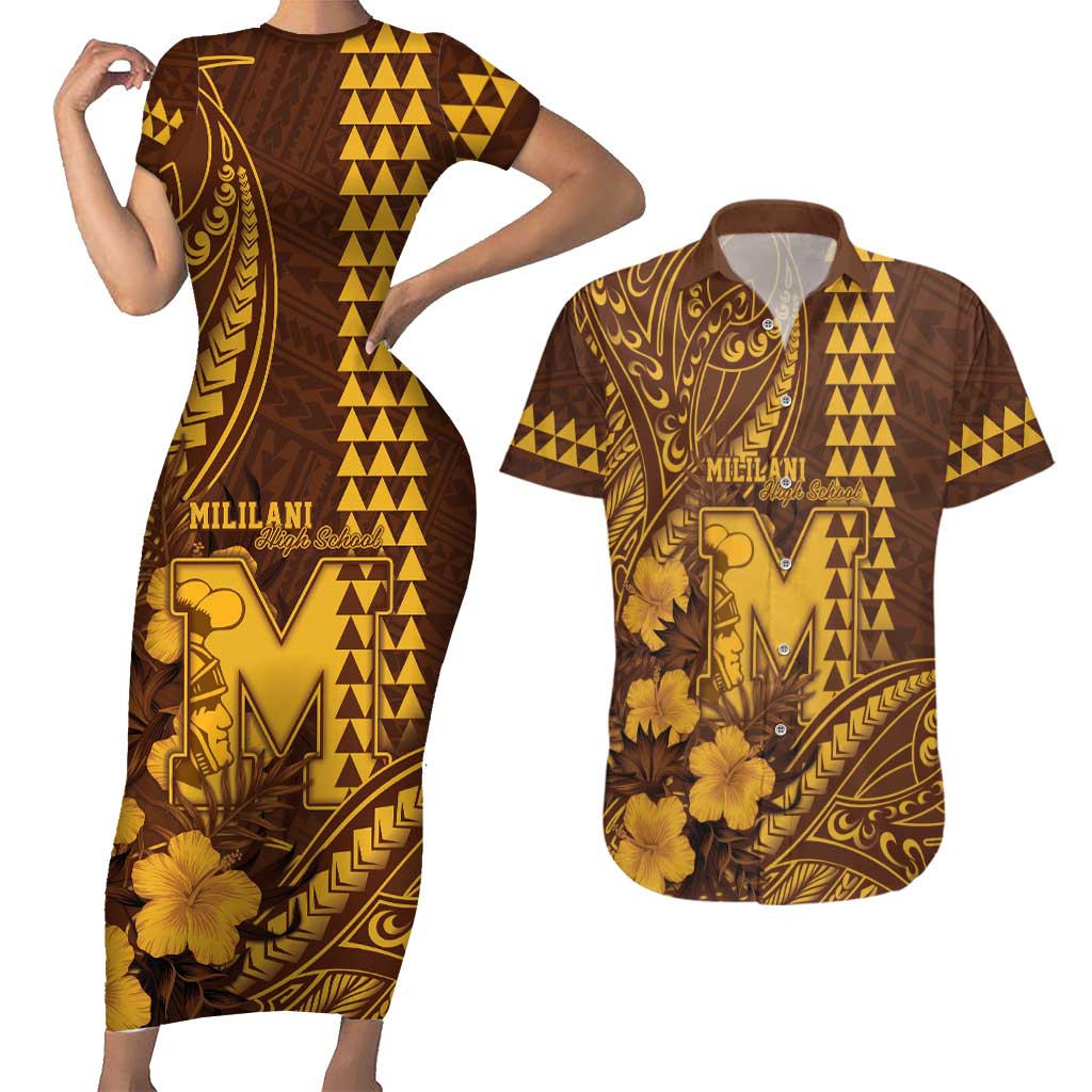 Personalised Hawaii Mililani High School Couples Matching Short Sleeve Bodycon Dress and Hawaiian Shirt Tribal Tattoo With Hibiscus Flowers LT05 Brown - Polynesian Pride
