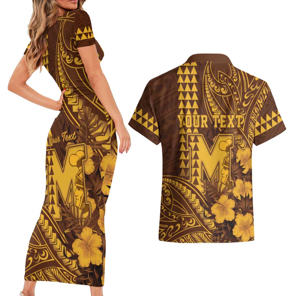 Personalised Hawaii Mililani High School Couples Matching Short Sleeve Bodycon Dress and Hawaiian Shirt Tribal Tattoo With Hibiscus Flowers LT05 - Polynesian Pride