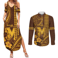 Personalised Hawaii Mililani High School Couples Matching Summer Maxi Dress and Long Sleeve Button Shirt Tribal Tattoo With Hibiscus Flowers LT05 Brown - Polynesian Pride