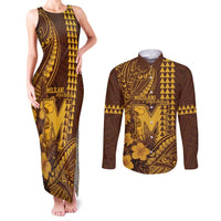 Personalised Hawaii Mililani High School Couples Matching Tank Maxi Dress and Long Sleeve Button Shirt Tribal Tattoo With Hibiscus Flowers LT05 Brown - Polynesian Pride