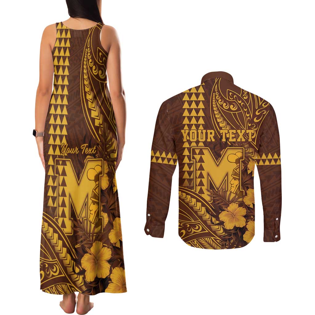 Personalised Hawaii Mililani High School Couples Matching Tank Maxi Dress and Long Sleeve Button Shirt Tribal Tattoo With Hibiscus Flowers LT05 - Polynesian Pride
