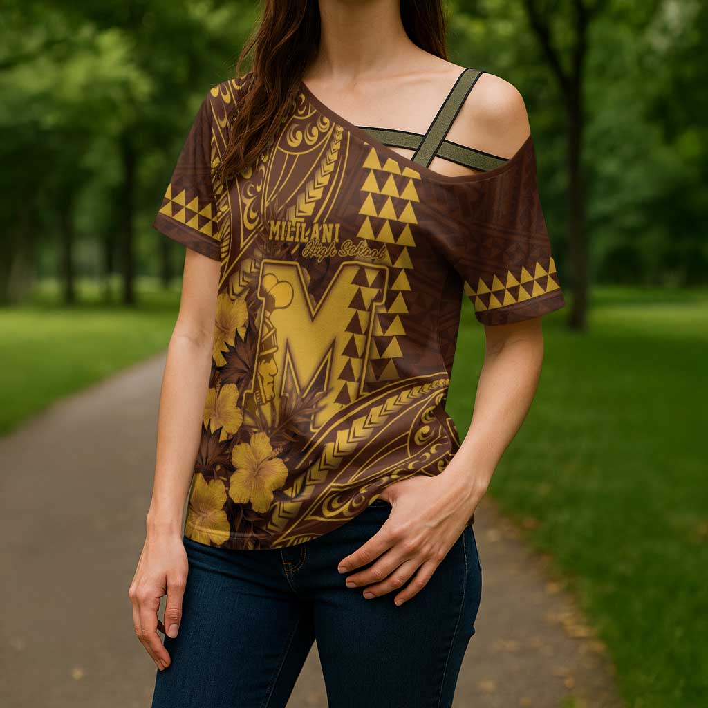 Personalised Hawaii Mililani High School Cross Shoulder Shirt Tribal Tattoo With Hibiscus Flowers