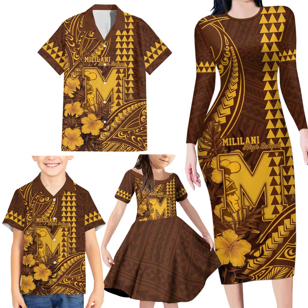 Personalised Hawaii Mililani High School Family Matching Long Sleeve Bodycon Dress and Hawaiian Shirt Tribal Tattoo With Hibiscus Flowers LT05 - Polynesian Pride