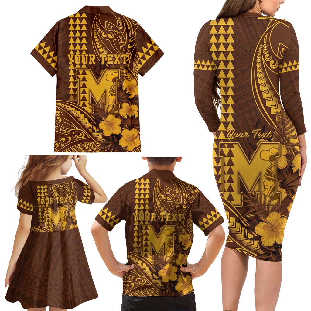 Personalised Hawaii Mililani High School Family Matching Long Sleeve Bodycon Dress and Hawaiian Shirt Tribal Tattoo With Hibiscus Flowers LT05 - Polynesian Pride