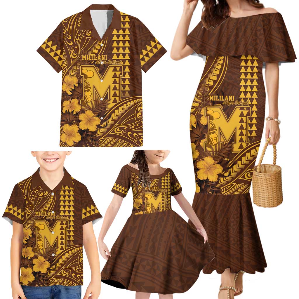 Personalised Hawaii Mililani High School Family Matching Mermaid Dress and Hawaiian Shirt Tribal Tattoo With Hibiscus Flowers