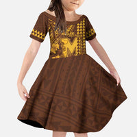 Personalised Hawaii Mililani High School Family Matching Off Shoulder Maxi Dress and Hawaiian Shirt Tribal Tattoo With Hibiscus Flowers LT05 Daughter's Dress Brown - Polynesian Pride