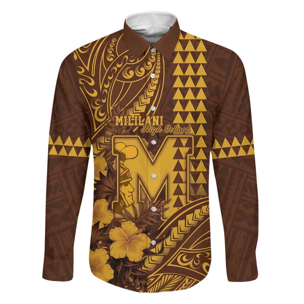 Personalised Hawaii Mililani High School Family Matching Off Shoulder Maxi Dress and Hawaiian Shirt Tribal Tattoo With Hibiscus Flowers LT05 Dad's Shirt - Long Sleeve Brown - Polynesian Pride