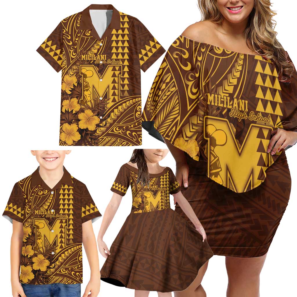 Personalised Hawaii Mililani High School Family Matching Off Shoulder Short Dress and Hawaiian Shirt Tribal Tattoo With Hibiscus Flowers