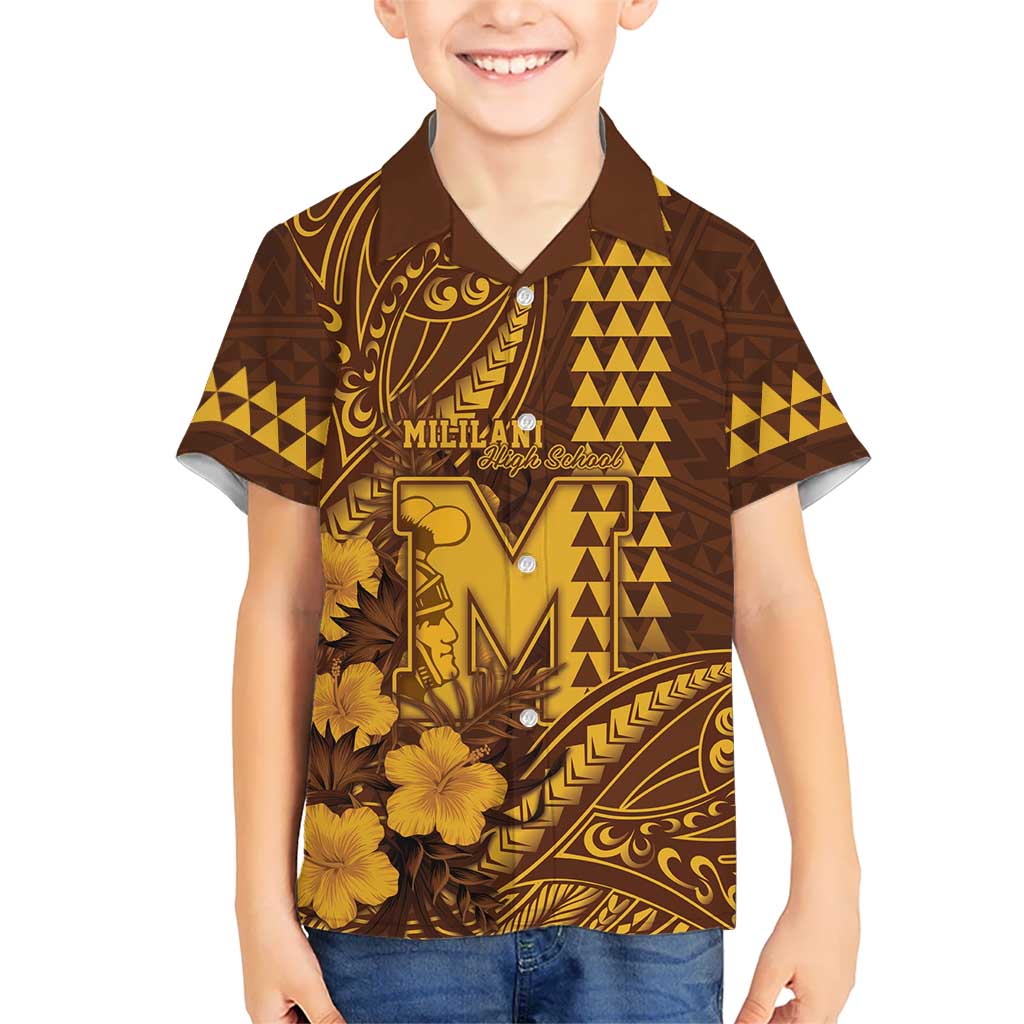 Personalised Hawaii Mililani High School Family Matching Off Shoulder Short Dress and Hawaiian Shirt Tribal Tattoo With Hibiscus Flowers LT05 Son's Shirt Brown - Polynesian Pride