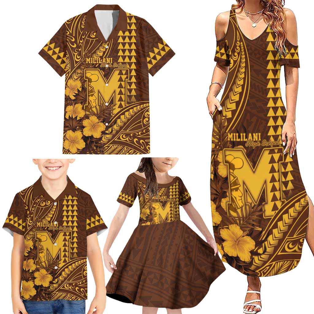 Personalised Hawaii Mililani High School Family Matching Summer Maxi Dress and Hawaiian Shirt Tribal Tattoo With Hibiscus Flowers LT05 - Polynesian Pride