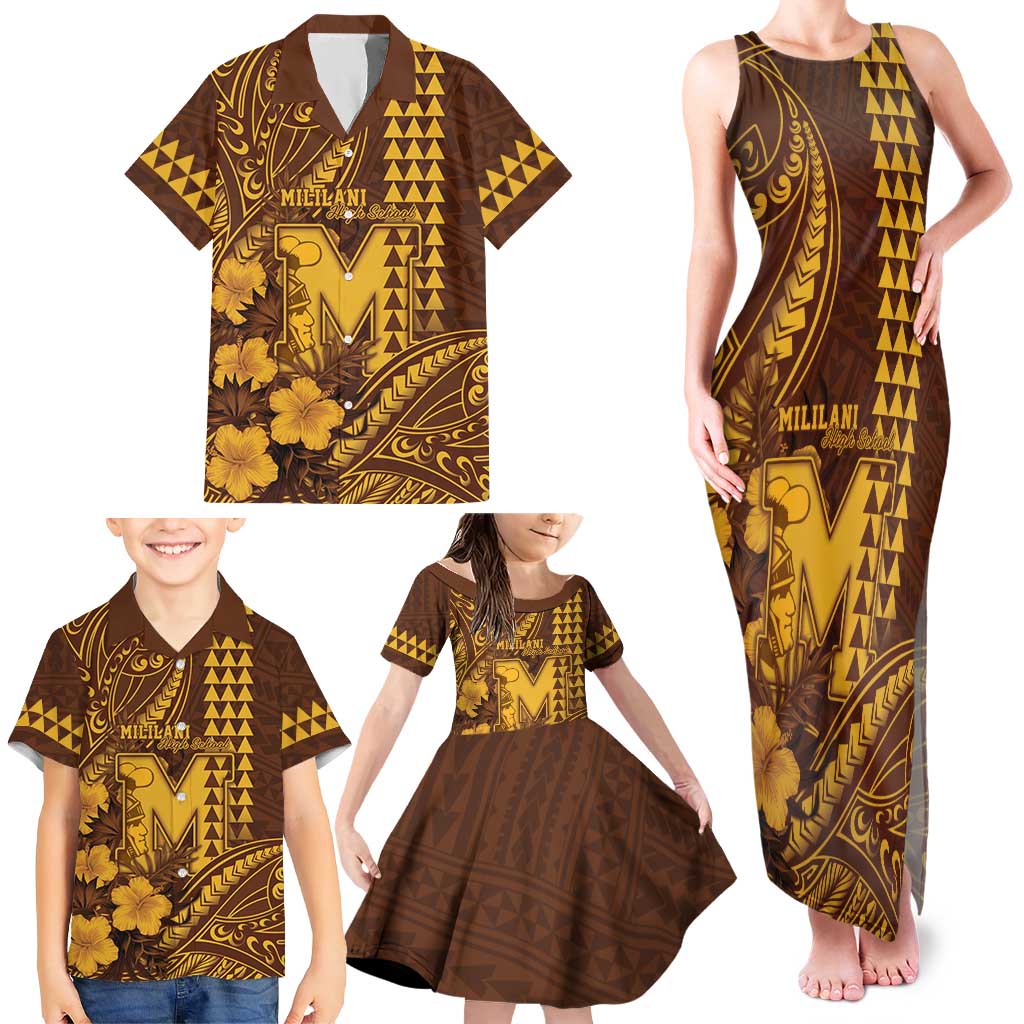 Personalised Hawaii Mililani High School Family Matching Tank Maxi Dress and Hawaiian Shirt Tribal Tattoo With Hibiscus Flowers
