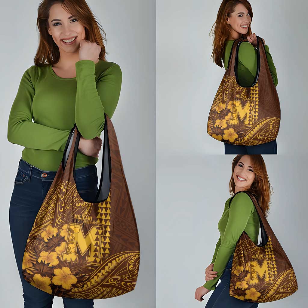 Hawaii Mililani High School Grocery Bag Tribal Tattoo With Hibiscus Flowers