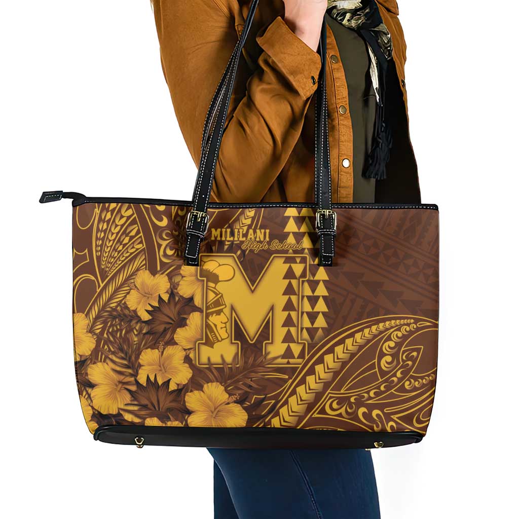 Hawaii Mililani High School Leather Tote Bag Tribal Tattoo With Hibiscus Flowers