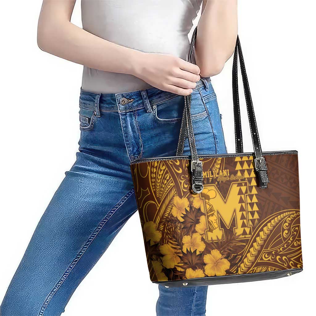 Hawaii Mililani High School Leather Tote Bag Tribal Tattoo With Hibiscus Flowers