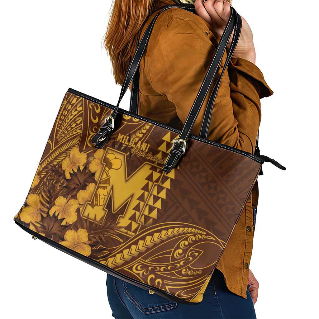 Hawaii Mililani High School Leather Tote Bag Tribal Tattoo With Hibiscus Flowers