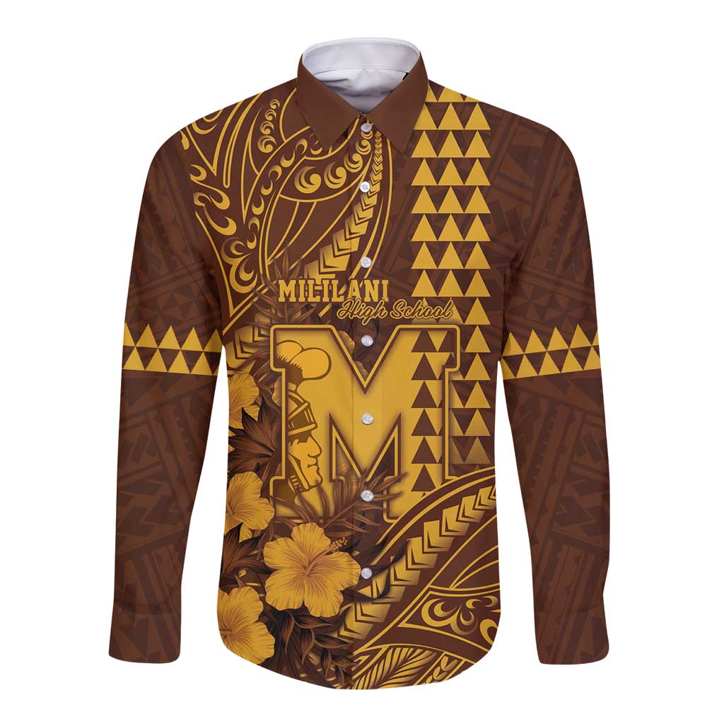 Personalised Hawaii Mililani High School Long Sleeve Button Shirt Tribal Tattoo With Hibiscus Flowers