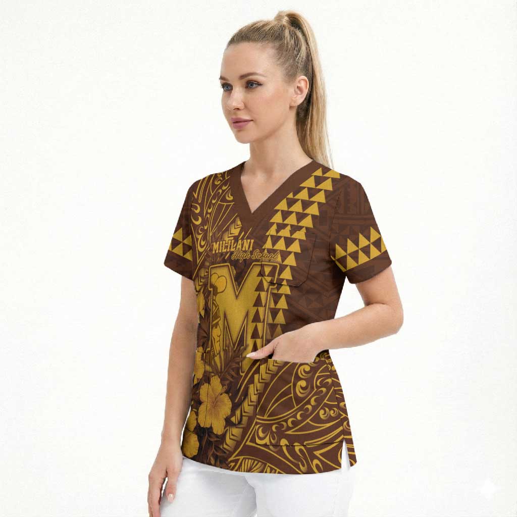 Personalised Hawaii Mililani High School Scrub Top Tribal Tattoo With Hibiscus Flowers