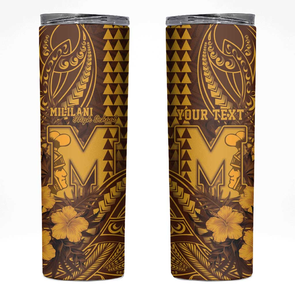 Personalised Hawaii Mililani High School Skinny Tumbler Tribal Tattoo With Hibiscus Flowers LT05 Brown - Polynesian Pride