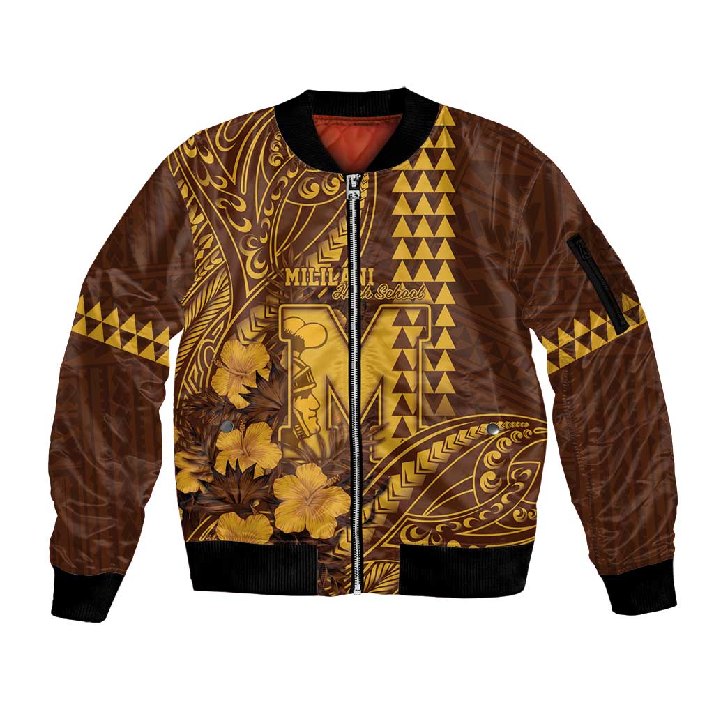 Personalised Hawaii Mililani High School Sleeve Zip Bomber Jacket Tribal Tattoo With Hibiscus Flowers