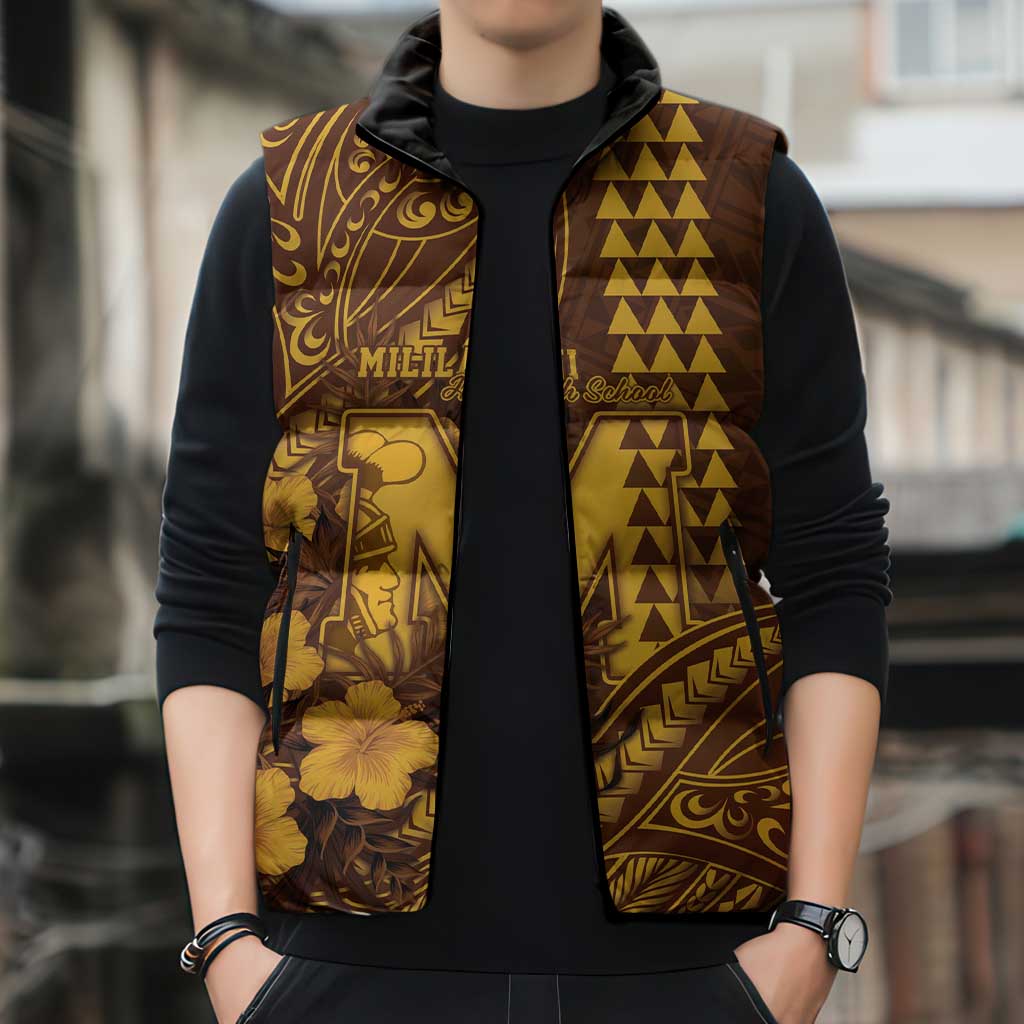 Personalised Hawaii Mililani High School Sleeveless Puffer Jacket Tribal Tattoo With Hibiscus Flowers