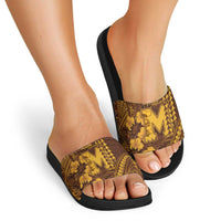 Hawaii Mililani High School Slide Sandals Tribal Tattoo With Hibiscus Flowers
