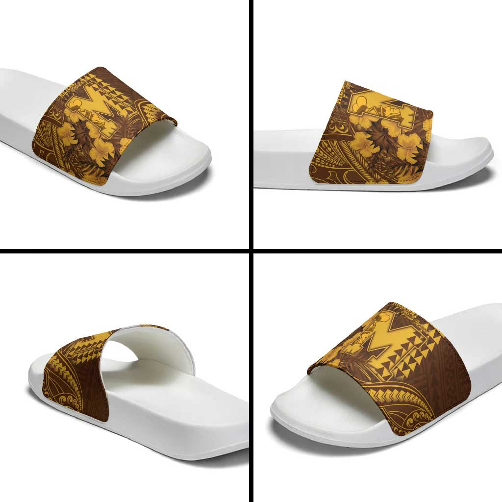 Hawaii Mililani High School Slide Sandals Tribal Tattoo With Hibiscus Flowers