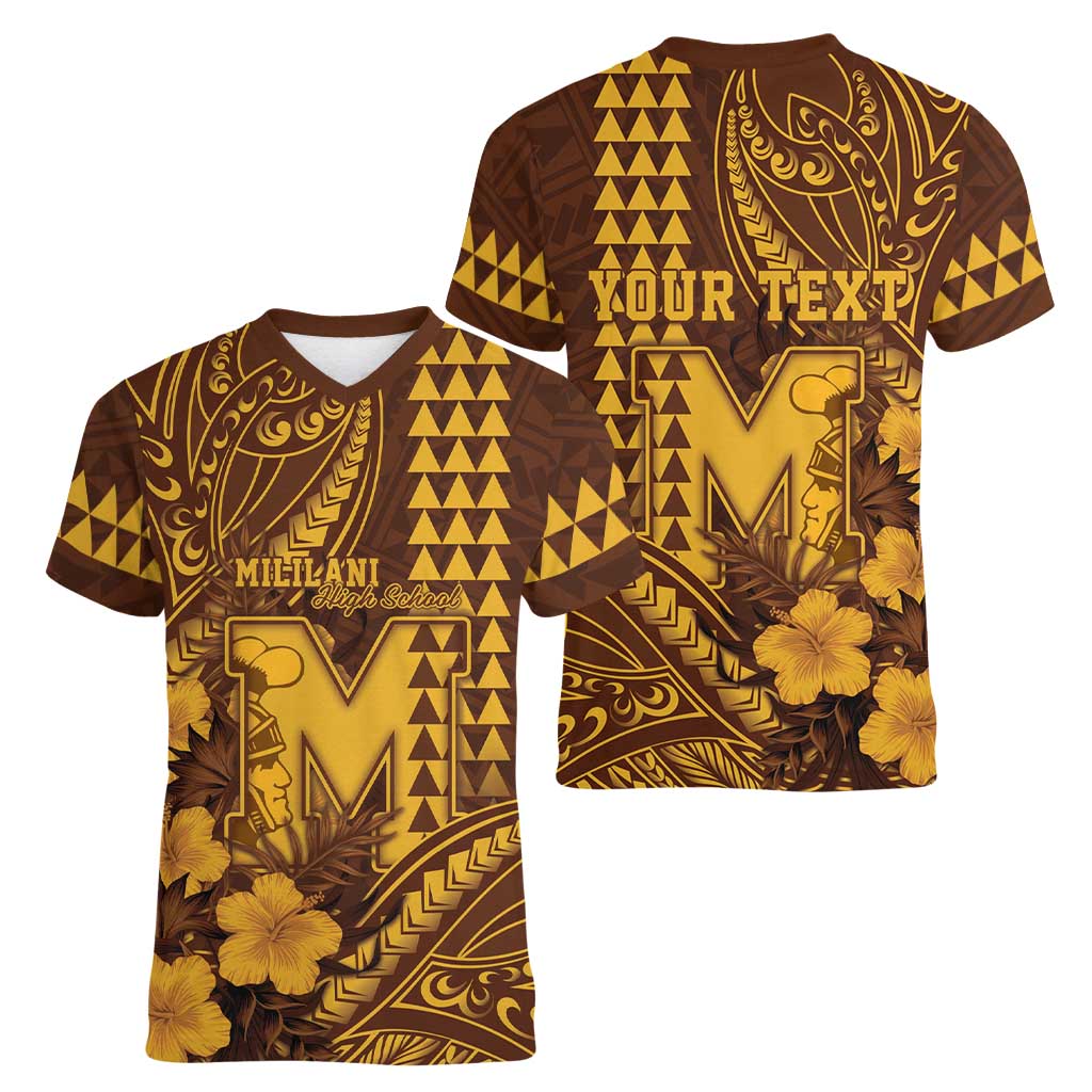 Personalised Hawaii Mililani High School Women V-Neck T-Shirt Tribal Tattoo With Hibiscus Flowers LT05 - Polynesian Pride