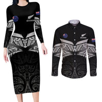 Custom New Zealand Cricket Couples Matching Long Sleeve Bodycon Dress and Long Sleeve Button Shirt Go Champions World Cup 2024 With Maori Pattern LT05 Black - Polynesian Pride