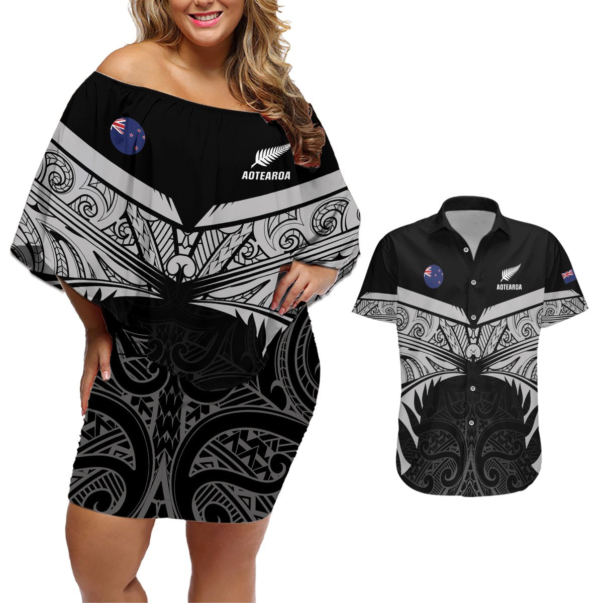 Custom New Zealand Cricket Couples Matching Off Shoulder Short Dress and Hawaiian Shirt Go Champions World Cup 2024 With Maori Pattern LT05 Black - Polynesian Pride